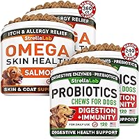 Omega 3 + Probiotics Dogs Bundle - Allergy & Itch + Improve Digestion & Immunity - Omega 3 & Pumpkin + Digestive Enzymes - Prebiotics - Itchy Skin + Itching & Licking Treats - 600 Chews - Made in USA