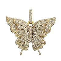 Men's Ladies 925 Italy 14k Gold Finish Big Butterfly Cute Iced Prong Set for Cuban Chain, Butterfly Pendant Fits to Thick Link Chain Choker Necklace Fits Upto 10mm Chains