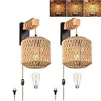 Rattan Plug in Wall Sconces,Boho Wall Sconce Set of Two,Dimmer Wall Lamp Light Fixtures With Plug in Cord,Wall Hanging Lamps that Plug nIto Wall 0utlet,Wicker Wall Mount Light for Bedroom Living Room