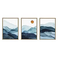 Kate and Laurel Sylvie Blue Mountain Range Framed Canvas Wall Art Set by Amy Lighthall, Set of 3, 18x24 Natural, Decorative Landscape Art for Wall