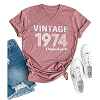 Retro 50th Birthday Gift Womens T Shirts Vintage 1974 Original Parts Tshirt Birthday Party Short Sleeve V Neck Tee Tops