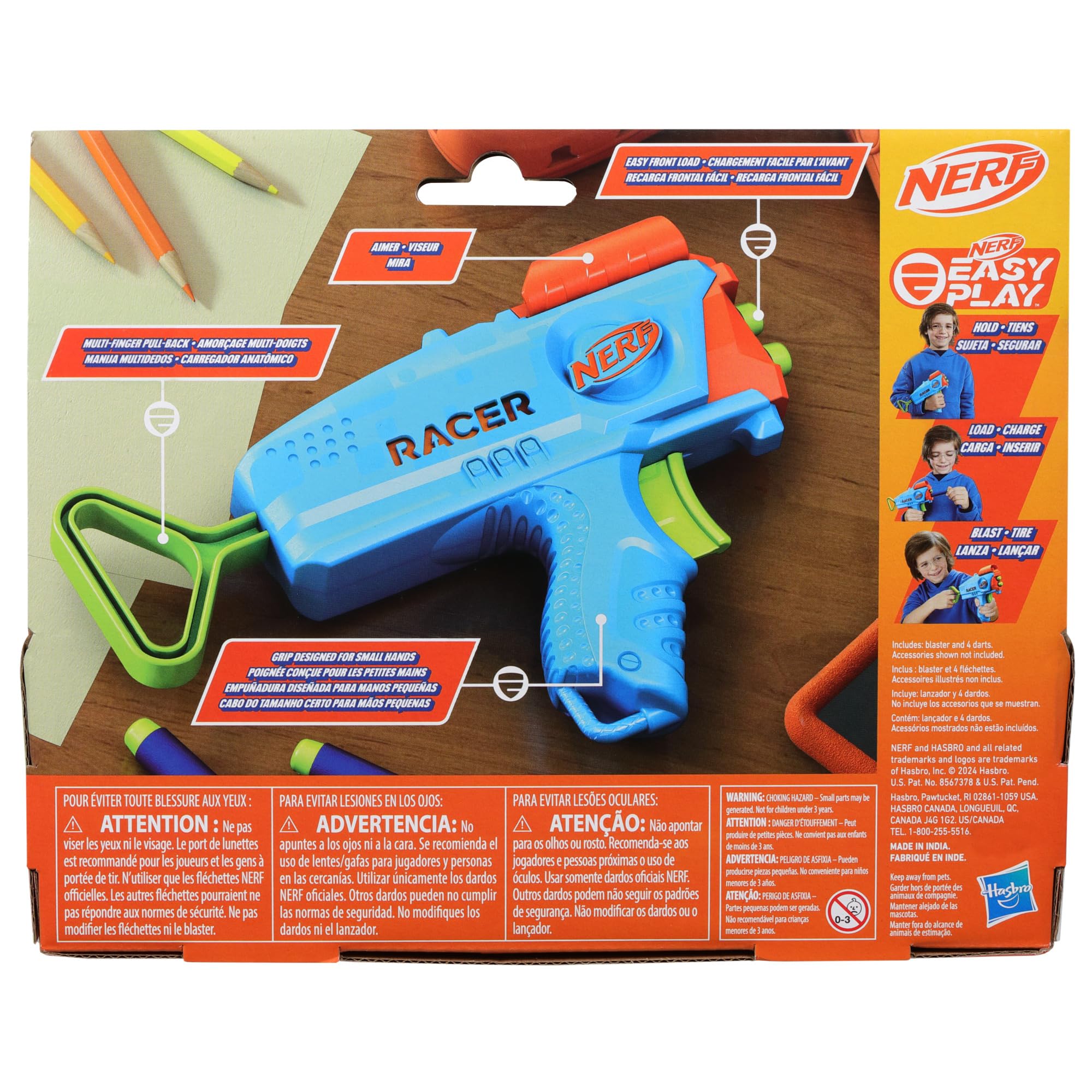 NERF Elite Junior Racer Easy Play Dart Blaster, 4 Nerf Elite Darts, Nerf Blaster Outdoor Toys for 6 Year Old Boys & Girls & Up