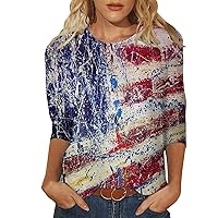 Red White and Blue T-Shirt 3/4 Sleeve Women's Fashionable Casual 4th of July Tops for Women Plus Size Printed Crew Neck Top