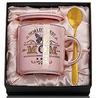 birthday gifts for mom from Daughter, son - Worlds Best Mom Mug, Unique mother day Appreciation Presents for women, 14Oz pink Ceramic Coffee Mug, Gifts Boxed with Spoon, Greeting Card