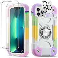 for iPhone 13 Pro Max Case 6.7 Inch with Ring Stand, with 2 Pack Glass Screen Protector + 1 Pack Camera Lens Protector,Heavy-Duty Shockproof Cover for iPhone 13 Pro Max (Rainbow White)