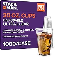 Stack Man [1000 Pack - 20 oz.] Ultra-Clear PET Disposable Plastic Cups - Party Drinking Cups - (Case of 20x50) Great Use for Cold Coffee, Shakes, Smoothies, Juices, Beer, Iced Tea