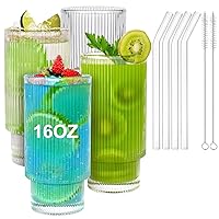  FASISOY Glass Cups with Bamboo Lids and Straws 4pcs 16oz Coffee  Beer Can Cups with Lids and Straws Drinking Glasses glass coffee mugs  Aesthetic Cute Glass Tumbler, Coffee Bar Accessories Gifts 