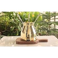 Indian Art Villa Pure Brass Hammered Design Table Tandoor With Wooden Bottom & 3 Skewers, Tableware Tandoor Best For Home, Hotel & Restaurants, Diameter-12 Inches