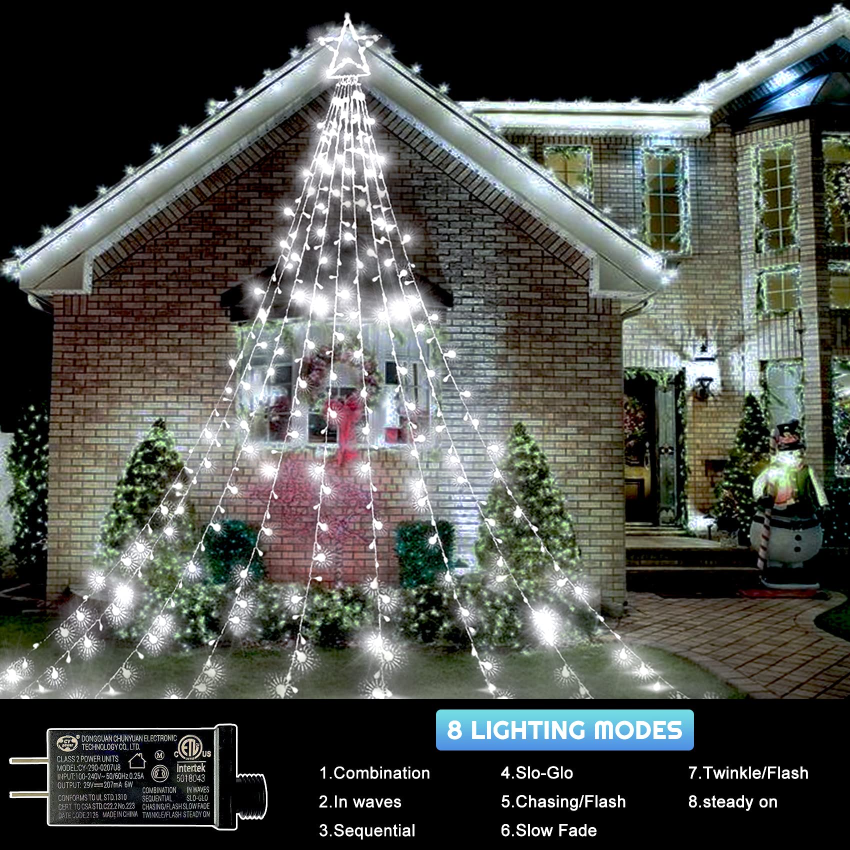 Christmas Decorations Outdoor Tree Lights Cool White 12.7FT 344LEDs Waterfall Christmas Star Lights 8 Lighting Modes and Timer Xmas Hanging Lights for Yard Wedding Holiday Wall