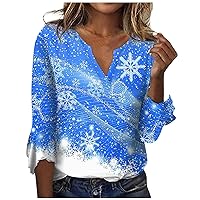 Women's Christmas Blouses Tops Loose Casual V-Neck Printed Flared Sleeve Seven T Shirt, S-3XL