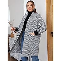 OVEXA Women's Large Size Fashion Casual Winte Plus Dual Pocket Houndstooth Batwing Sleeve Tweed Overcoat Leisure Comfortable Fashion Special Novelty (Color : Dark Grey, Size : X-Large)