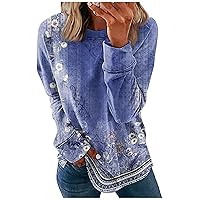 Workout Tops for Women Round Neck Tops Cotton Women's Casual Fashion Print Long Sleeve Crew Neck Pullover Top Blouse