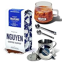 Truegrit Robusta Ground Coffee Beans, Glass Mug, Coffee Scoop Set, and Stainless Steel 4oz Phin Filter Set: Vietnamese Grown and Direct Trade Medium Roast Coffee with A