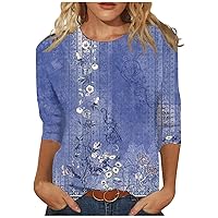 Womens 3/4 Sleeve Top Round Neck Cute Floral Printed Casual Blouses Three Quarter Length T Shirt Summer Tops S-2XL