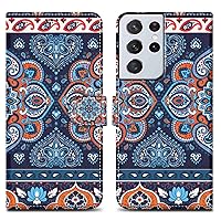 Case Compatible with Samsung Galaxy S22 Ultra - Design Blue Mandala No. 1 - Protective Cover with Magnetic Closure, Stand Function and Card Slot