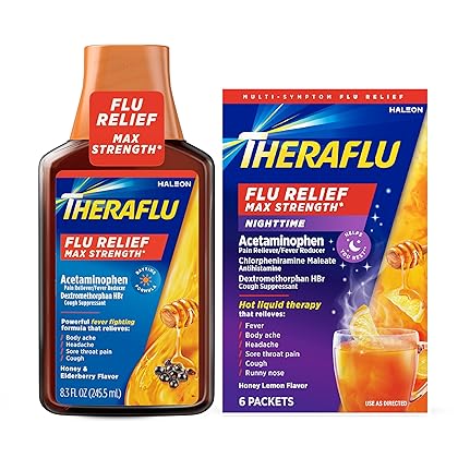 Theraflu Max Strength Daytime Flu Symptom Relief, Honey and Elderberry Syrup, 8.3 Fl Oz and Nighttime Flu Symptom Relief, Honey Lemon Flavor - 6 Count