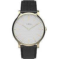 Timex Men's Gallery 40mm Watch – White Dial Gold Tone Case Black Leather Strap
