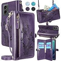Lacass for Motorola Moto G 5G 2024 Case Wallet, [Cards Theft Scan Protection] Card Holder Zipper Leather Flip Cover Crossbody Wrist Strap with Stand(Floral Dark Purple)