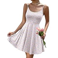 HOTOUCH Women's Summer Dress Adjustable Spaghetti Strap Floral Mini Casual Dress with Pockets Fit & Flare Beach Sundress