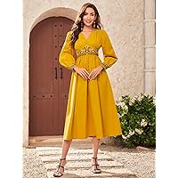 Dresses for Women - Floral Embroidery Bishop Sleeve Dress (Color : Mustard Yellow, Size : Small)