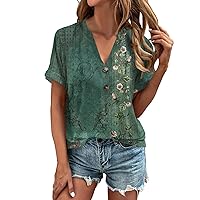 Short Sleeve Spring Tunic Ladies Elegant Camping Light Button Front Top Print V Neck Polyester Slims Tops Green S