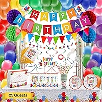 275 PC Colorful Birthday Party Decorations for Boy, Girl- Rainbow Party Supplies, Happy Birthday Banner, Balloons Garland Arch Kit Tablecloth Honeycomb Cake Topper Plates Cups Napkins Straws, 25 Guest