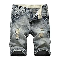 Men's Stretch Retro Vintage Washed Ripped Jeans Denim Shorts Casual Distressed Stretchy Jeans Ripped Short Pants