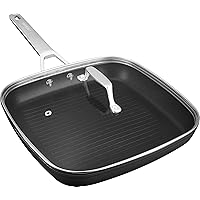 MsMk Square Grill Pan with lid, Stay-Cool Handle, Each Ridge Nonstick, Oven Safe Dishwasher Safe Induction Grill pans for Stove Tops, Square Frying Pan, Bacon Pan, Indoor Chicken Skillet, 11-Inch