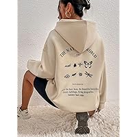 Sweatshirt for Women Slogan & Butterfly Print Drop Shoulder Thermal Hoodie Sweatshirt for Women (Color : Apricot, Size : Medium)