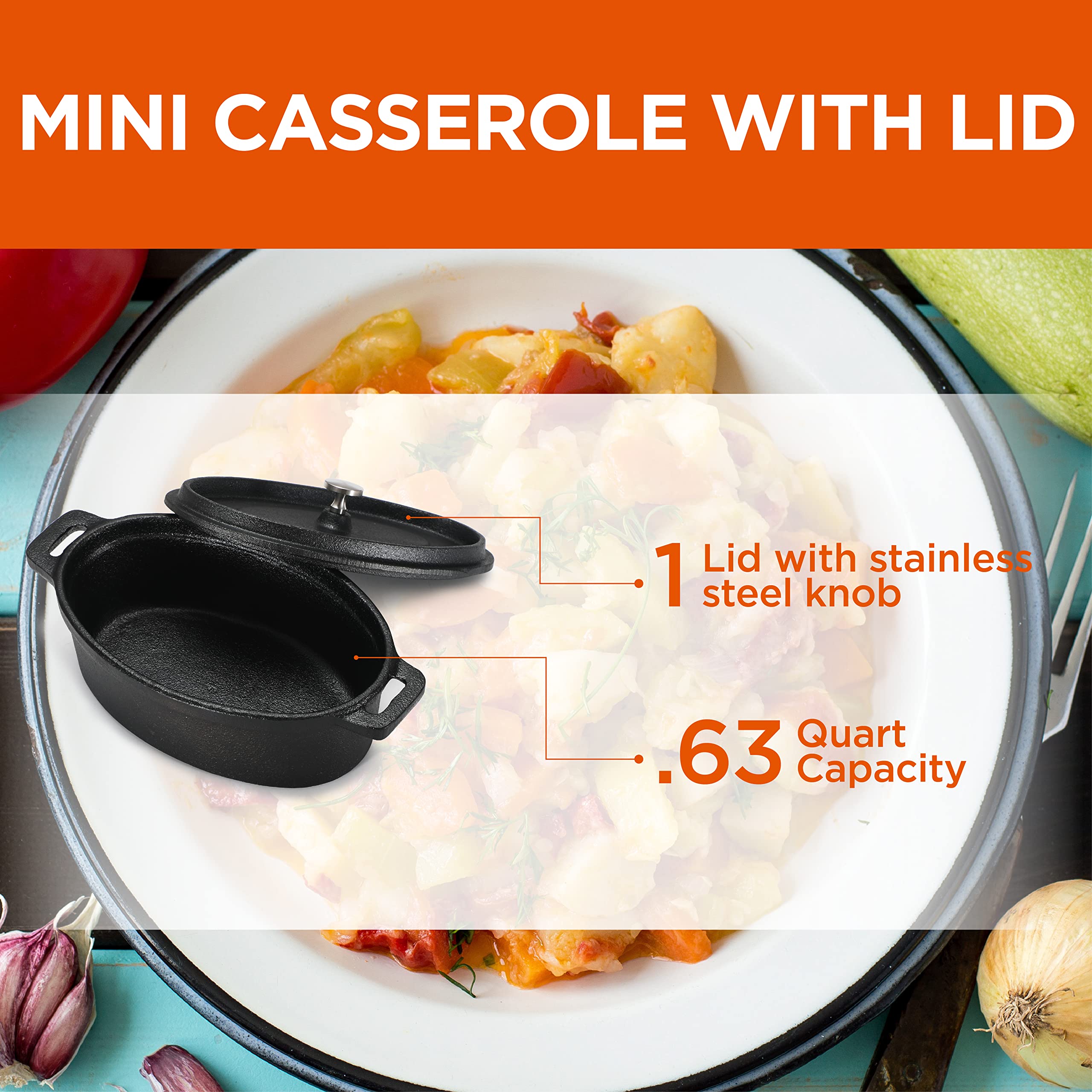 COMMERCIAL CHEF Mini Casserole Dish with Lid, 0.63 Qt. Cast Iron Casserole Dish for Baking, Cast Iron Cookware Mini Dutch Oven Ramekin with Handles & Stainless Steel Knob