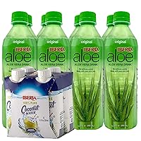 100% Natural Coconut Water 11.1 Oz (Pack Of 4)+ Iberia Aloe Vera Juice Drink with Pure Aloe Pulp, Original, 16.9 Fl. Oz. (Pack of 8)