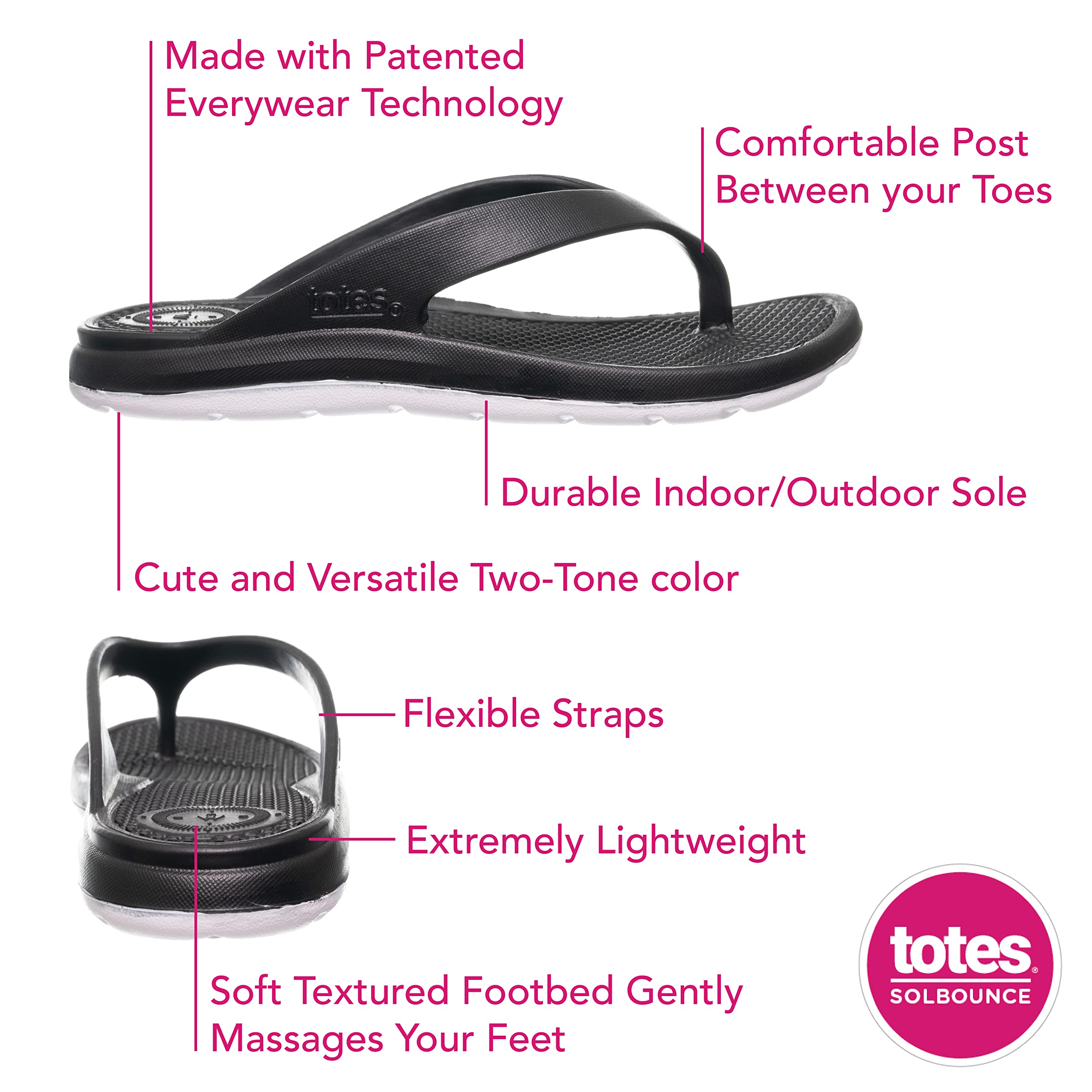 totes Solbounce Women's Sandals, Lightweight Flip Flops With Springy All-Day Support And A Soft Textured Footbed