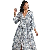 Deep V Neck HandBlock Print Cotton Floral Dress Women Summer Midi Dress