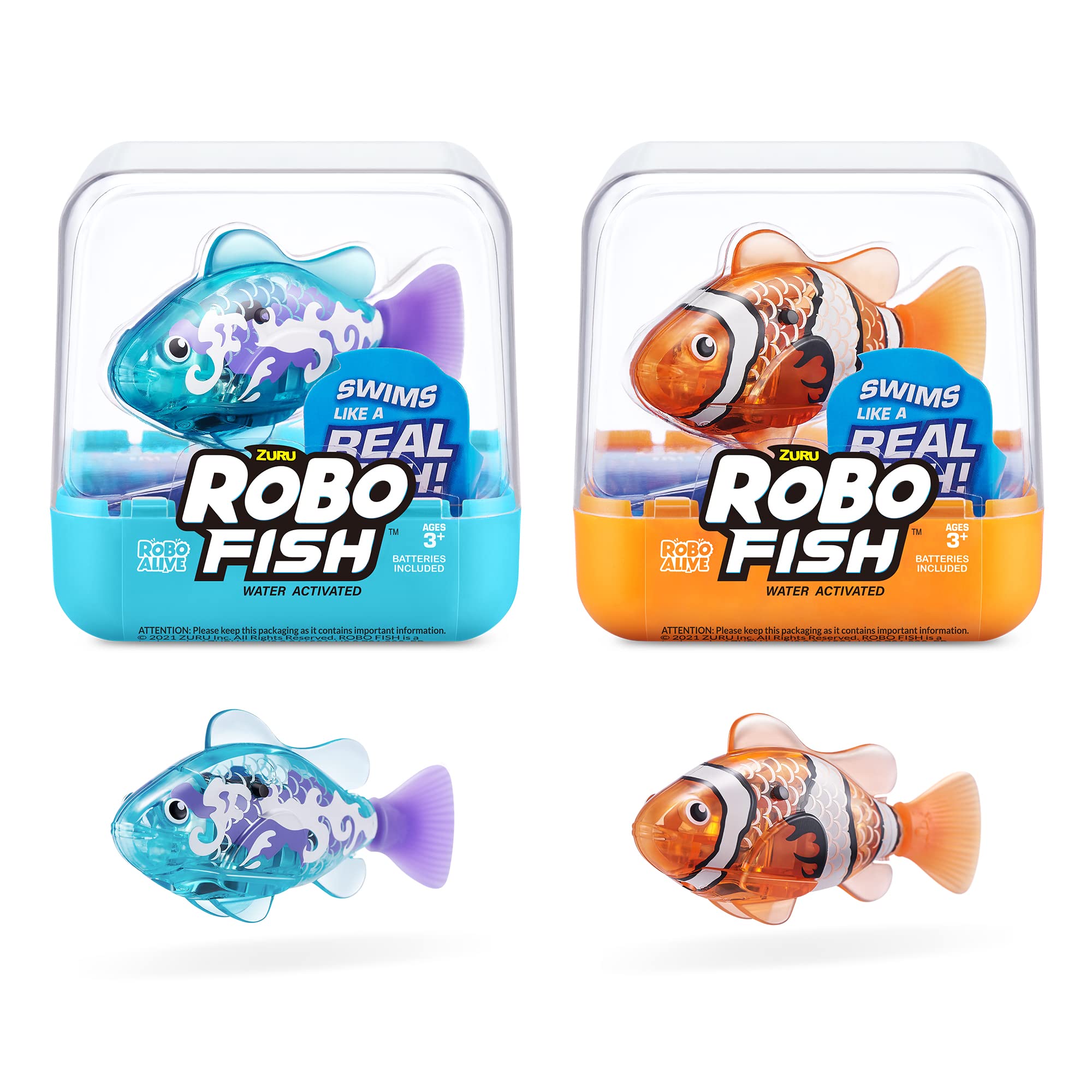 Robo Alive Robo Fish Robotic Swimming Fish (Teal + Orange) by ZURU Water Activated, Changes Color, Comes with Batteries, Amazon Exclusive (2 Pack) Series 3