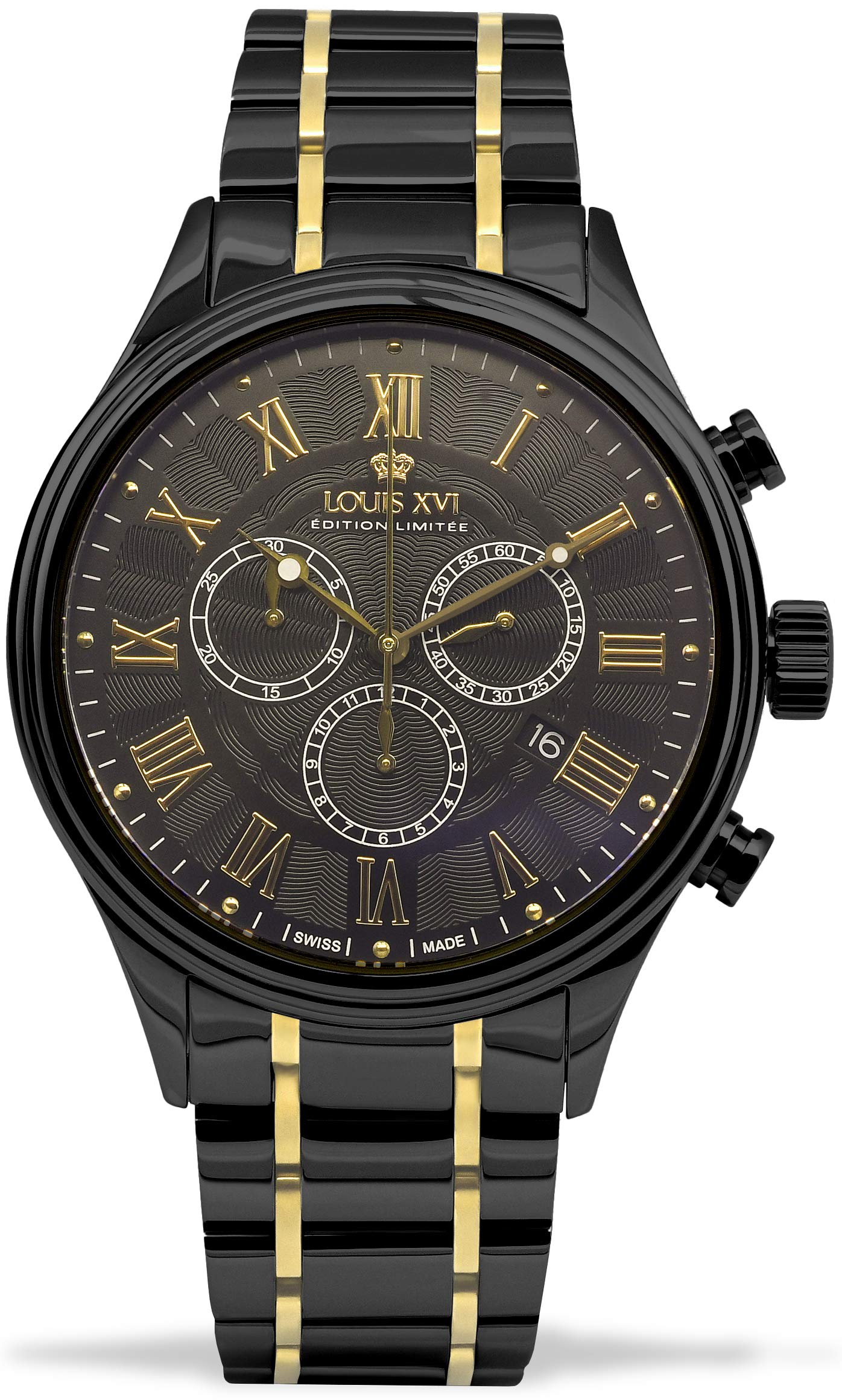LOUIS XVI Herren-Armbanduhr Danton Stahlband Schwarz Bicolor Gold Schwarz Römische Zahlen Chronograph Analog Quarz Edelstahl 980