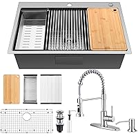 Homikit 33 x22 Inch Kitchen Sink with Soap Dispenser & Spring Kitchen Faucet, 16 Gauge Stainless Steel Topmount Drop In Kitchen Sinks Single Bowl R10 Corner, 10