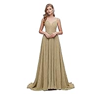 Champagne Shiny Lace Spaghetti Straps Prom Evening Party Dress Wedding Shower Gala Gown
