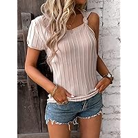 Women's Tops Sexy Tops for Women Women's Shirts Solid Asymmetrical Neck Ribbed Knit Top (Color : Apricot, Size : Small)