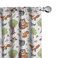 Forest Window Curtains, Doodle Woodland Creatures as Honey Bear Rabbit Fox and Raccoon in Nature Habitat, Lightweight Decor 2-Panel Set with Rod Pocket, Pair of - 28