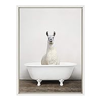 Kate and Laurel Sylvie Alpaca in the Tub Color Framed Canvas Wall Art by Amy Peterson, 18x24 White, Whimsical Animal Art for Wall