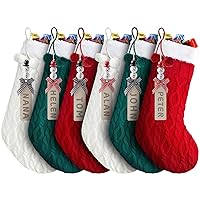 Personalized Christmas Stockings, Christmas Hanging Stockings with Name Tags, 18 Inches Large Size Knitted Stockings for Mantels Christmas Tree Family Holiday Decor, 6 Pack, Red Green White
