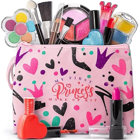 FoxPrint Kids Makeup Kit for Girls, Soft to skin, Easy to wash, 23 Pc Princess Makeup Set Toys Girls & Kids, Carrying Cosmetic Purse for Easy Storage