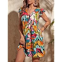 2023 Women's Dresses Allover Leaves Print Butterfly Sleeve Dress Women's Dresses (Color : Multicolor, Size : Small)