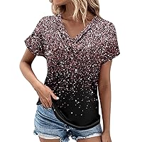 Summer Tops Women Sparkly Tops for Women 2024 Fashion Button Patchwork Casual Loose with Short Sleeve V Neck Ruched Blouses Black Small