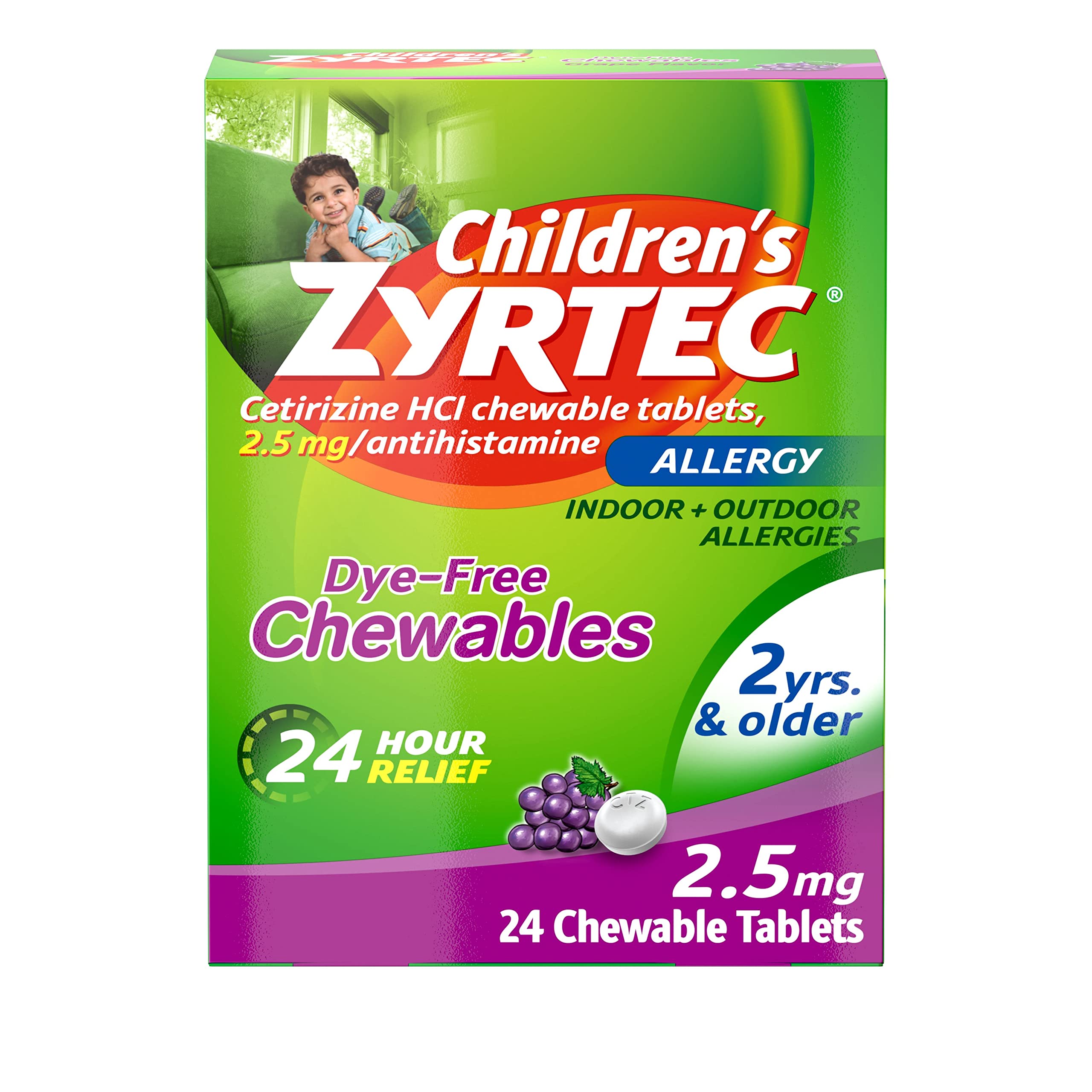 Zyrtec 24 Hour Children's Allergy Grape Chewables, 2.5 mg Cetirizine HCl Antihistamine per Tablet, Allergy Medicine for Kids Relieves Sneezing, Itchy Throat & More, Dye-Free, Grape, 24 ct