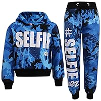 Kids Girls Track Suit #Selfie Camouflage Blue Hooded Crop Top Bottom Jog Suits