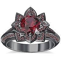 Women's 14K Gold Plated Alloy Round Cut Created Red Garnet Beautiful Lotus Flower Ring Engagement Wedding Ring Size 4 to 11