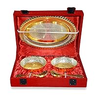 Indian Royal Silver & Gold Plated Bowl With Box 2 Spoon 2 Bowl Set 1 Tray