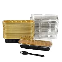 Disposable Mini Loaf Pans with Lids and Spoons - Black and Gold 50pk Cake Bread Baking Aluminum Small Foil Pans