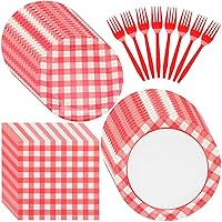 500 Pcs Red Gingham Party Supplies BBQ Themed Party Decorations Gingham Paper Plates Napkins Plastic Forks Red and White Gingham Checkered Plaid Party Tableware for 125 Guests
